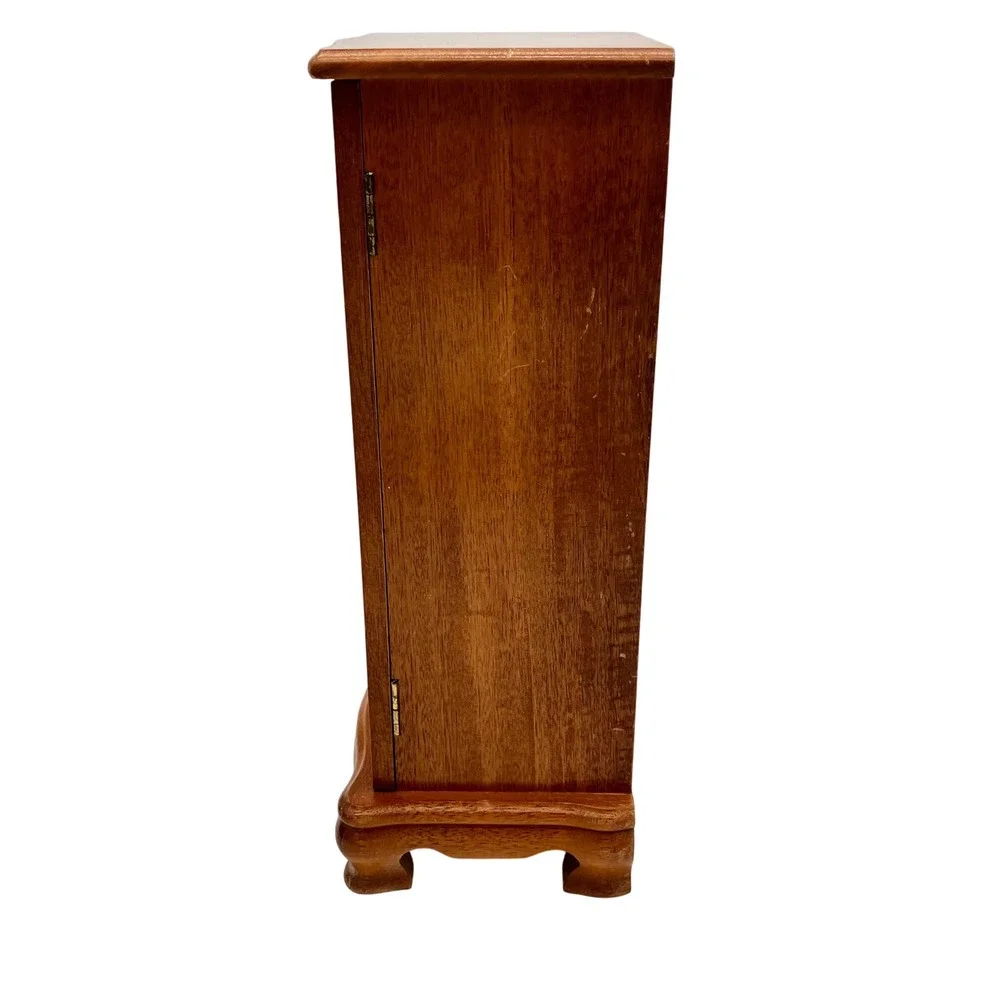 Vintage Wood Jewelry Armoire 14in Brown Etched Glass Rotating Carousel